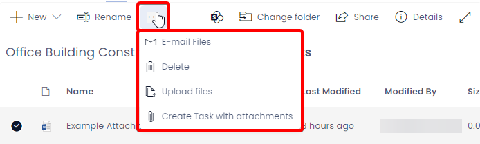 A screenshot showing the menu items that appear when clicking on the ellipsis. The ellipsis button and the menu items dropdown menu have all been annotated with a red box to indicate their location. The menu items that appear in this example are: &quot;Email Files&quot;, &quot;Delete&quot;, &quot;Upload Files&quot; and &quot;Create Task with Attachments&quot;.